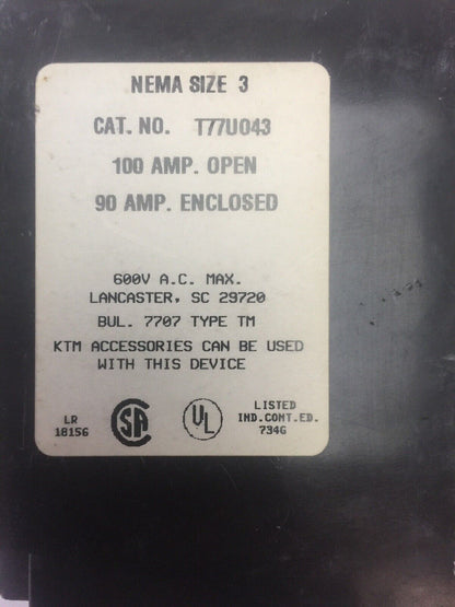 JOSLYN CLARK T77U043-76 TM CONTACTOR SIZE 3 100A 600VAC 3PH 50HP COIL 110-120V