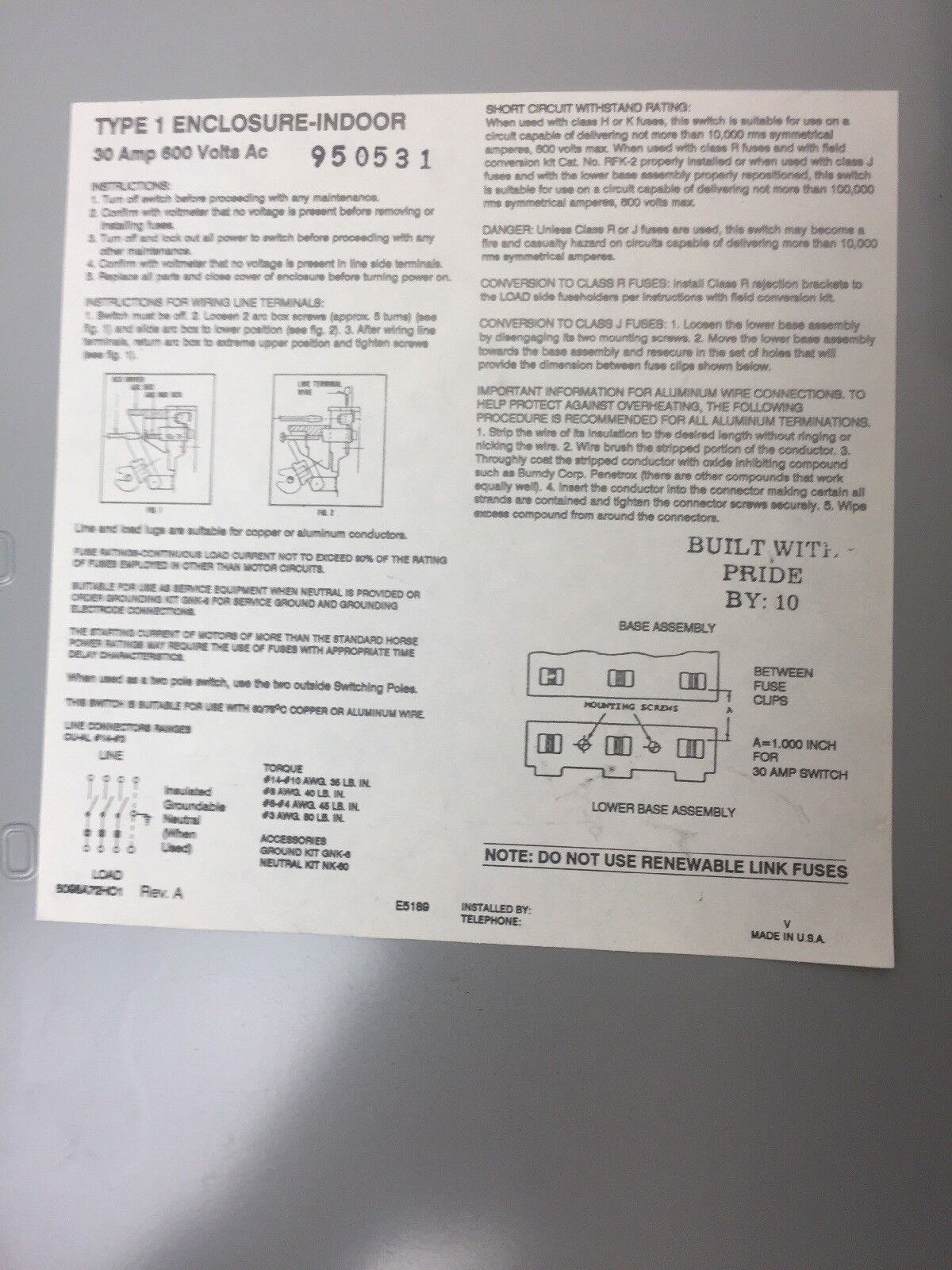 THOMAS & BETTS HD361-TB HEAVY DUTY SAFETY SWITCH 30 AMP 600V AC/DC