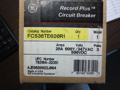 GE FCS36TE020R1 RECORD PLUS CIRCUIT BREAKER 20A, 480VAC, 3-POLE - NEW SURPLUS