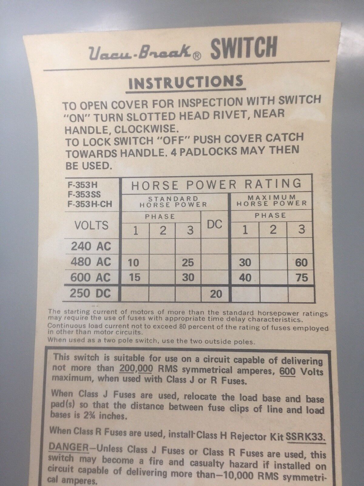 GOULD I-T-E F353H-CH FUSIBLE SAFETY SWITCH 600VAC 250VDC 100AMP 3PH 75HP 3 POLE