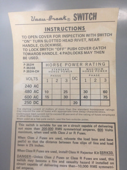GOULD I-T-E F353H-CH FUSIBLE SAFETY SWITCH 600VAC 250VDC 100AMP 3PH 75HP 3 POLE