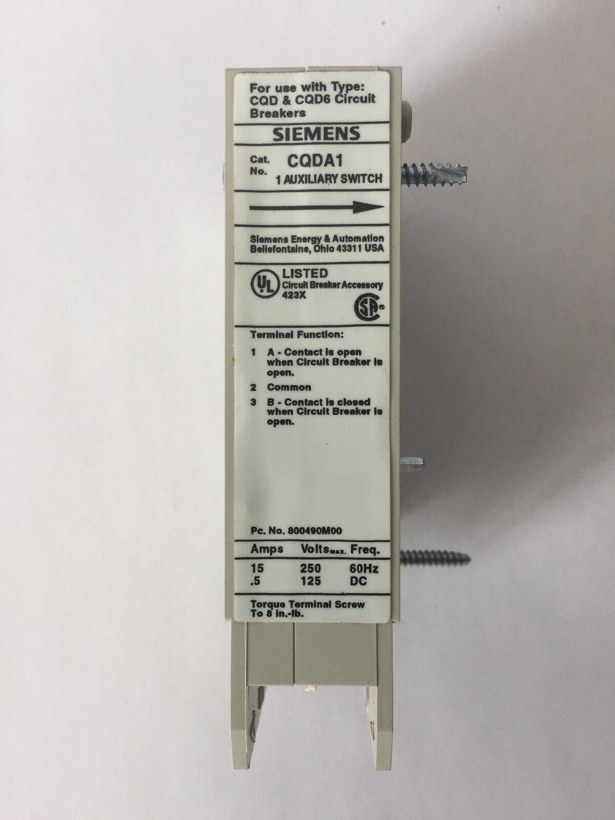 SIEMENS CQDA1 AUXILIARY SWITCH 250 VDC 60HZ 15 AMP