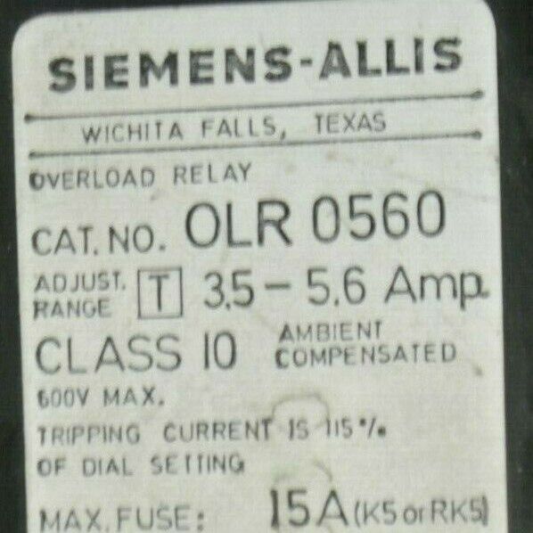 SIEMENS-ALLIS OLR0560 OVERLOAD RELAY 3.5-5.6 AMP