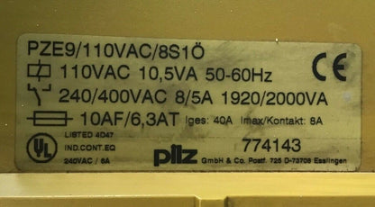 PILZ PZE9 110VAC/8S1O SAFTEY RELAY 110VAC 10,5VA 50-60HZ