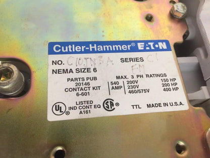 CUTLER HAMMER EATON C10JN3A CONTACTOR 540 AMP 3POLE 600V NEMA6 3PH COIL 120VAC