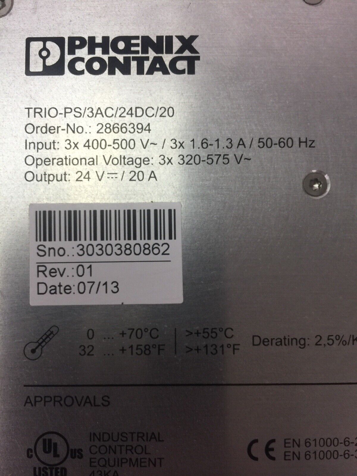 PHOENIX CONTACT TRIO-PS/3AC/24DC/20 POWER SUPPLY OUTPUT 24VDC 20A