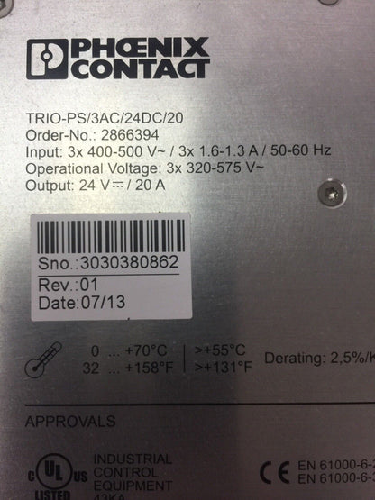 PHOENIX CONTACT TRIO-PS/3AC/24DC/20 POWER SUPPLY OUTPUT 24VDC 20A