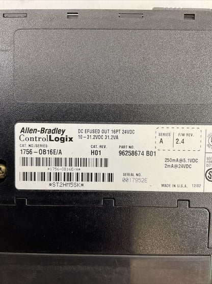ALLEN BRADLEY 1756-OB16E SER A CAT REV H01 F/W REV 2.4 DC EFUSED OUT 16PT 24VDC