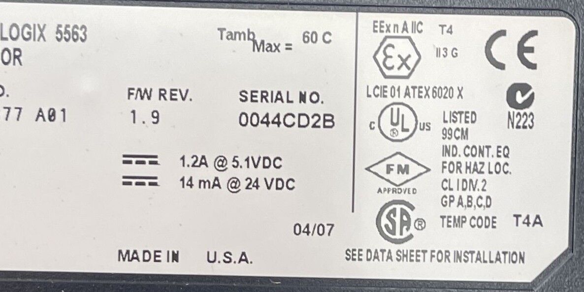 ALLEN BRADLEY 1756-L63 CONTROL LOGIX 5563 PROCESSOR CAT REV G01 F/W REV 1.9