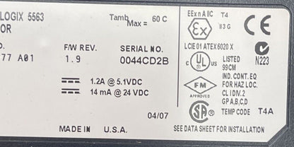 ALLEN BRADLEY 1756-L63 CONTROL LOGIX 5563 PROCESSOR CAT REV G01 F/W REV 1.9