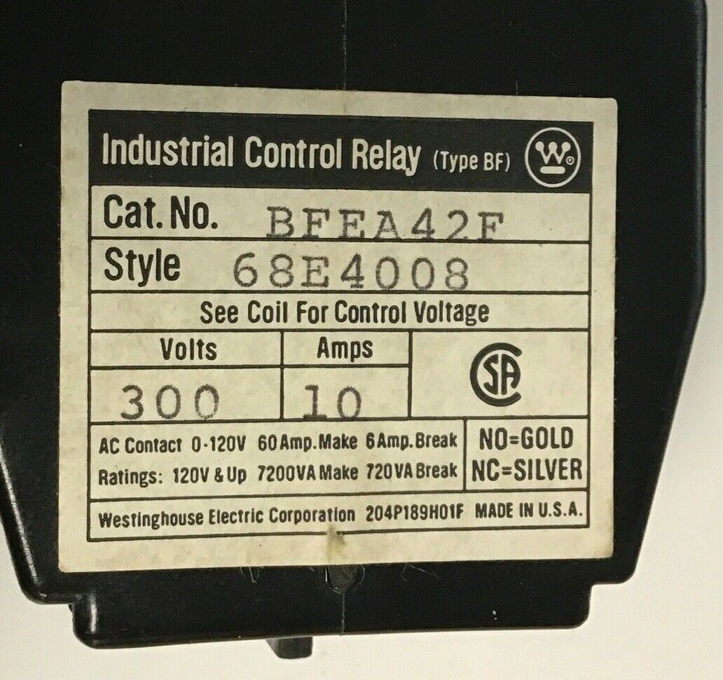 WESTINGHOUSE BFEA42F CONTROL RELAY 300V 10A