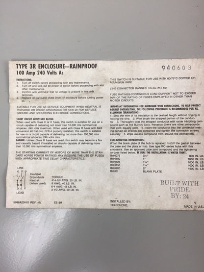WESTINGHOUSE RGFN323N TYPE 3R RAINPROOF 100 AMP 240 VAC SAFETY SWITCH