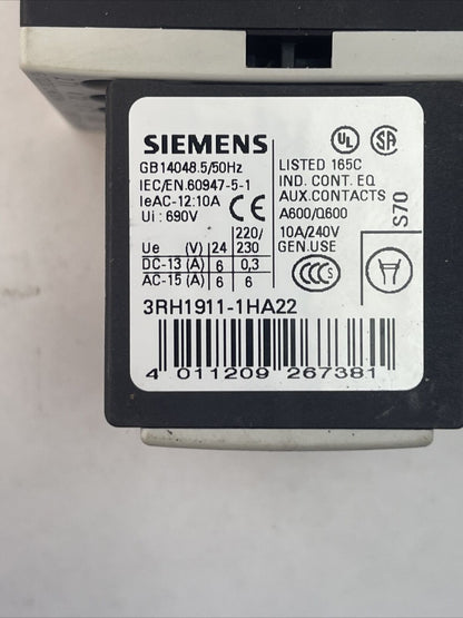 SIEMENS 3RV1011-1AA10 STARTER 3RT1015-1AK61 CONTACTOR 3RH1911-1HA22 AUX CONTACT