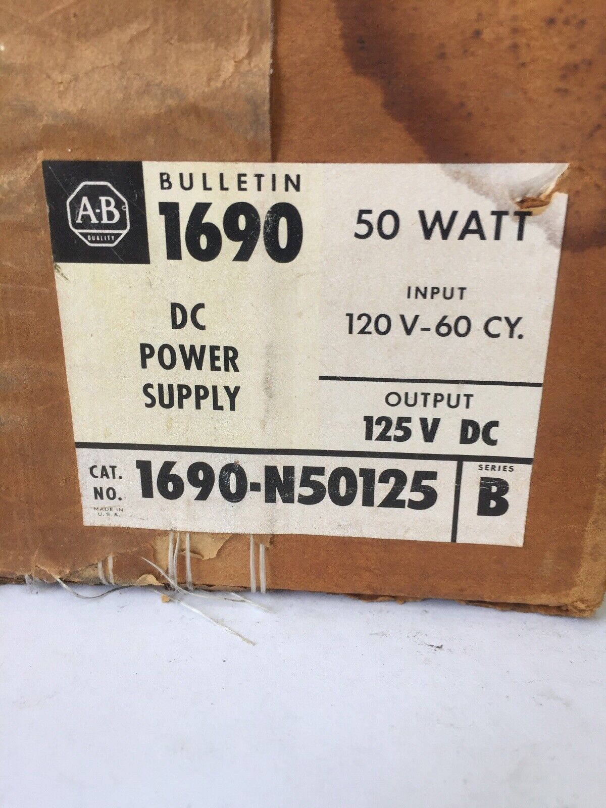 ALLEN BRADLEY 1690-N50125 DC POWER SUPPLY INPUT 120V 60CY OUTPUT 125VDC 50WATTS