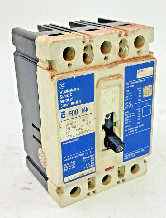 WESTINGHOUSE - FDB3015 - INDUSTRIAL CIRCUIT BREAKER - 3 POLE/ 15 A/ 600 VAC