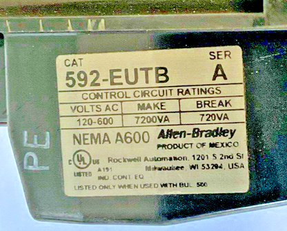 ALLEN-BRADLEY 592-EUTB RELAY SER.A 600VAC