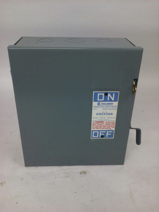 CHALLENGER GD222SN, SAFETY SWITCH, 60A, 240V, SINGLE PHASE FUSIBLE, 10 H.P. NEW