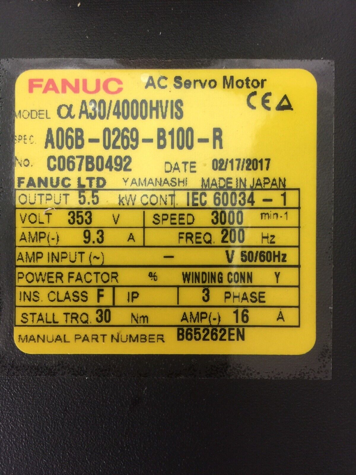 FANUC A06B-0269-B100-R AC SERVO MOTOR A30/4000HVIS OUTPUT 5.5kW 353V 9.3A