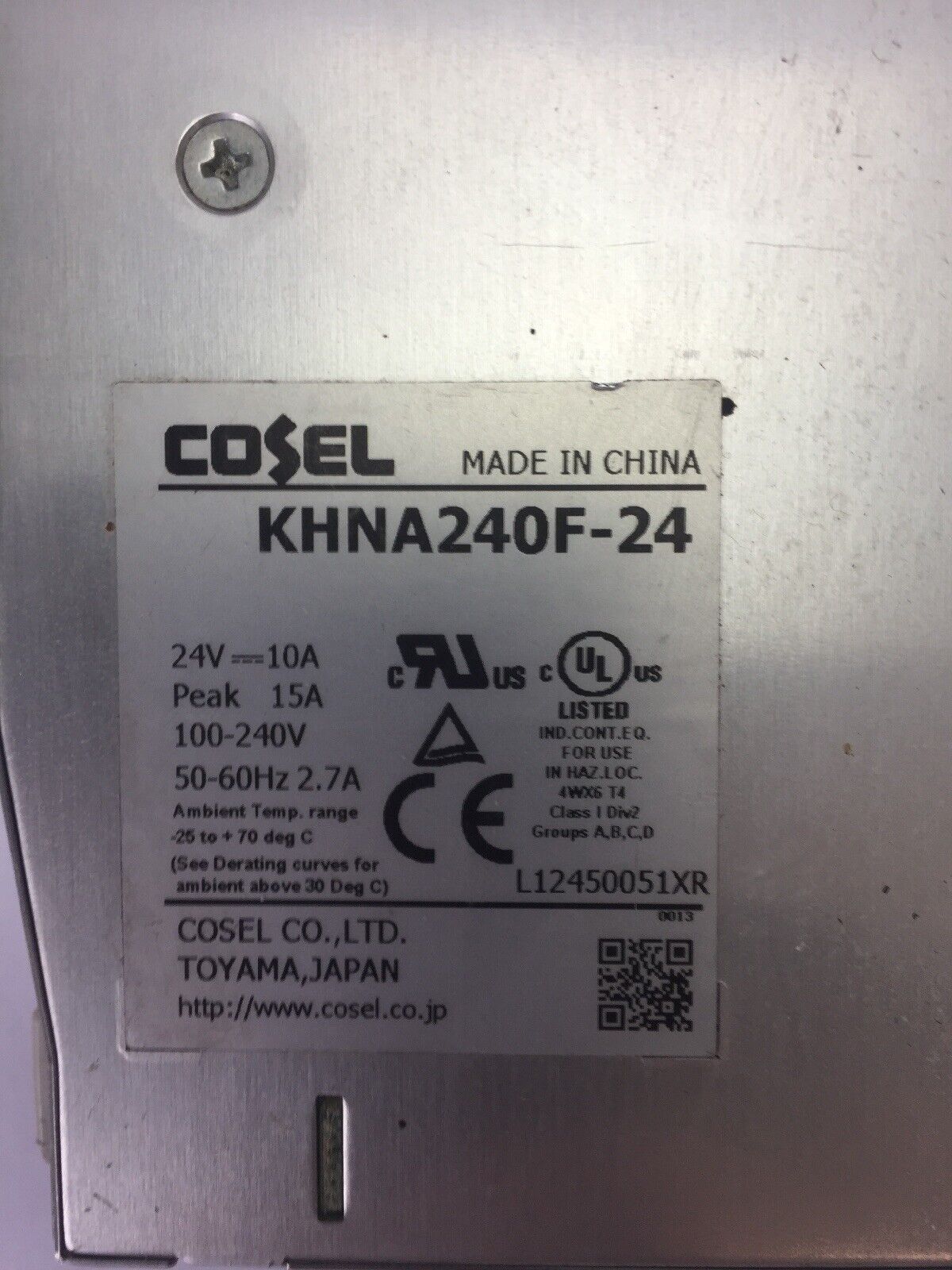 COSEL KHNA240F-24 POWER SUPPLY INPUT 100-240VAC 50-60HZ 2.7A OUPUT 24VDC 10A