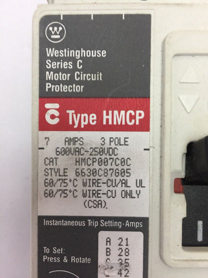 WESTINGHOUSE HMCP007C0C 7AMP 600VAC 250VDC SERIES C 3P 6630C87G05