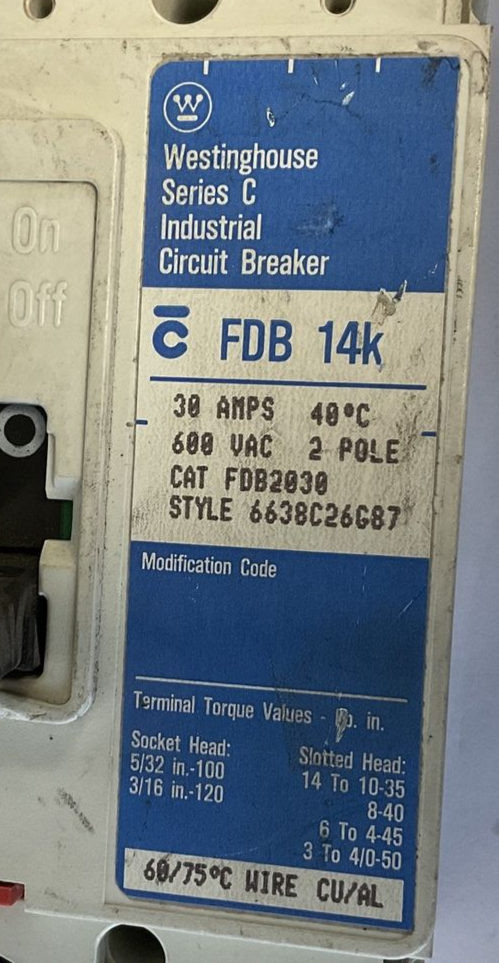 CUTLER HAMMER FDB2030 CIRCUIT BREAKER 30A 2POLE 600VAC