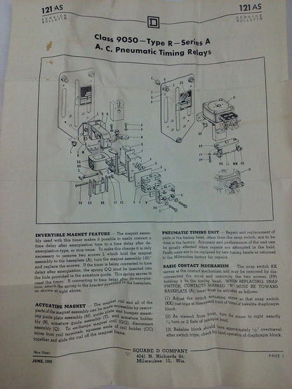 SQ. D CLASS 9050 TYPE RO-12E SER.A, AC PNEUMATIC TIMING RELAY, 110V,60HZ,15A,NEW