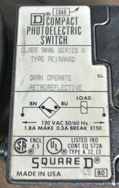 SQUARE D 9006 PE1RANAD COMPACT PHOTOELECTRIC SWITCH DARK OPERATE RETROREFLECTIV