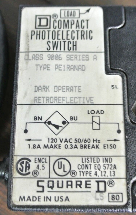SQUARE D 9006 PE1RANAD COMPACT PHOTOELECTRIC SWITCH DARK OPERATE RETROREFLECTIV