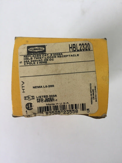 HUBBELL HBL2320 HBL TWIST-LOCK RECEPTACLE 20A 250V AC OR DC 2 POLE 3 WIRE