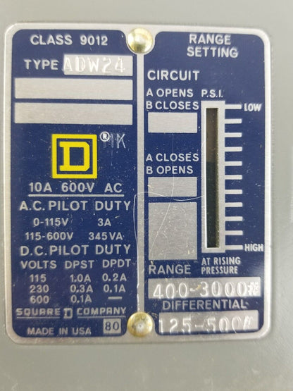 Square D 9012-ADW-24 Pressure Regulator Set Contacts 400-3000psi