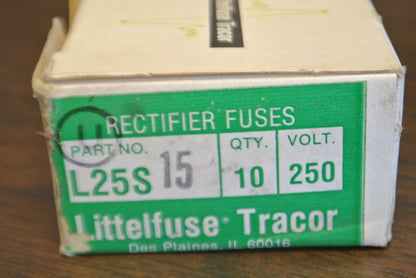 BOX of 10 / LITTELFUSE / TRACOR L25S15 RECTIFIER FUSE / 15A / 250V / NEW SURPLUS