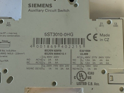 SIEMENS 5SJ4101-7HG41 CIRCUIT BREAKER 6A AUXILIARY CIRCUIT SWITCH