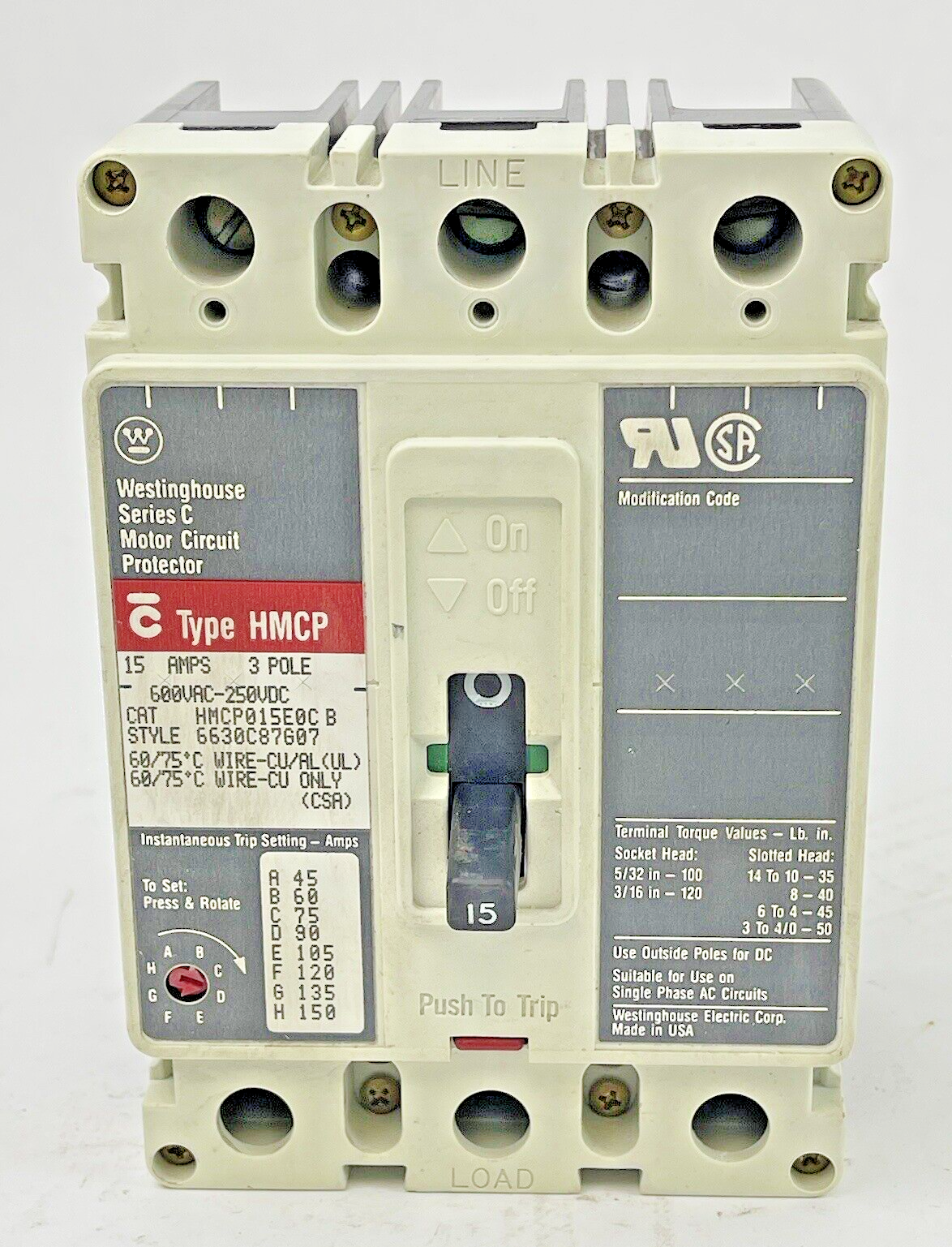 WESTINGHOUSE - HMCP015E0C B -SER. C- MOTOR CIRCUIT PROTECTOR - 15A/3POLE/600VAC