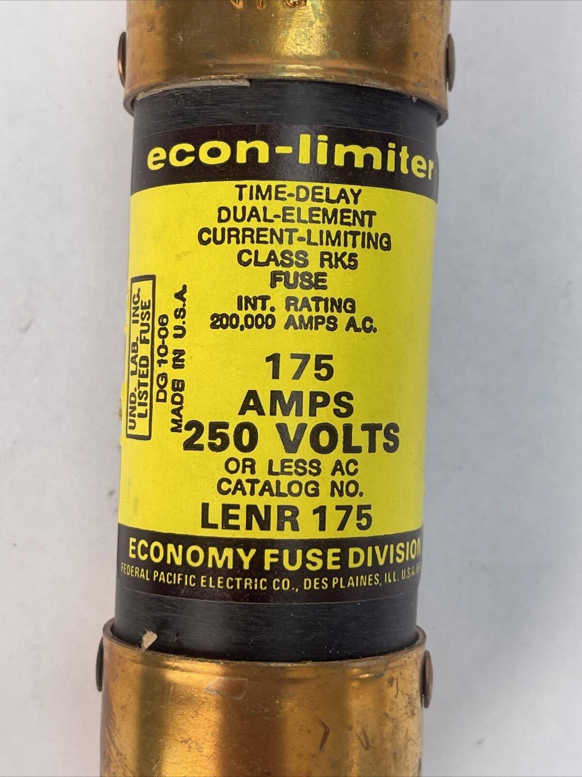 ECONOMY LENR 175 ECON-LIMITER CLASS K5 FUSE 175AMP 250VAC TIME-DELAY DUAL-ELEMEN