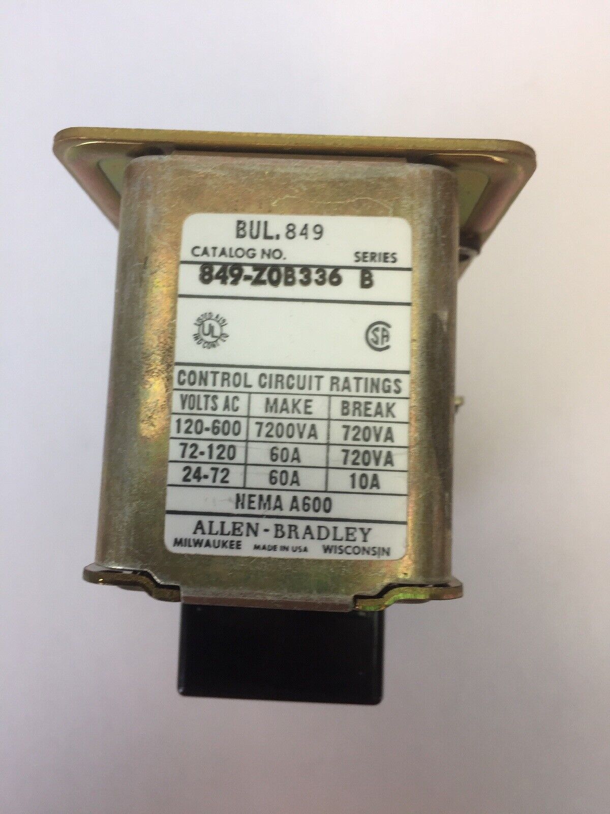 ALLEN BRADLEY 849-Z0B336 PNEUMATIC TIMING RELAY 600VAC 21A241 COIL 480V 60HZ