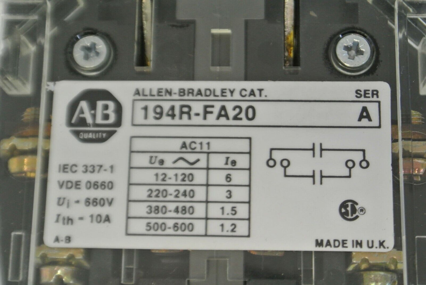 ALLEN-BRADLEY 194R-FA20, Ser. A / AUXILIARY CONTACT / 2 N.C. / NEW SURPLUS
