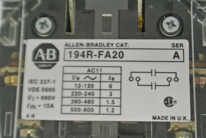 ALLEN-BRADLEY 194R-FA20, Ser. A / AUXILIARY CONTACT / 2 N.C. / NEW SURPLUS