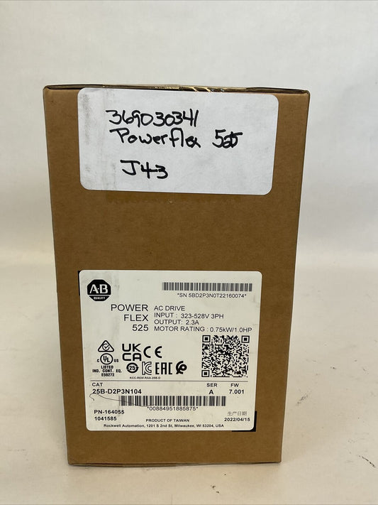 ALLEN BRADLEY 25B-D2P3N104 SER A FW 7.001 POWER FLEX 525 AC DRIVE OUTPUT 2.3A