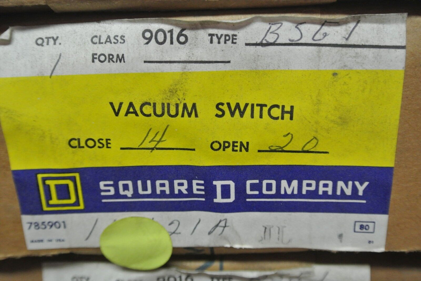SQUARE D 9016 BSG-1 VACUUM SWITCH - OPEN - 20", CLOSE 14" - NEW SURPLUS