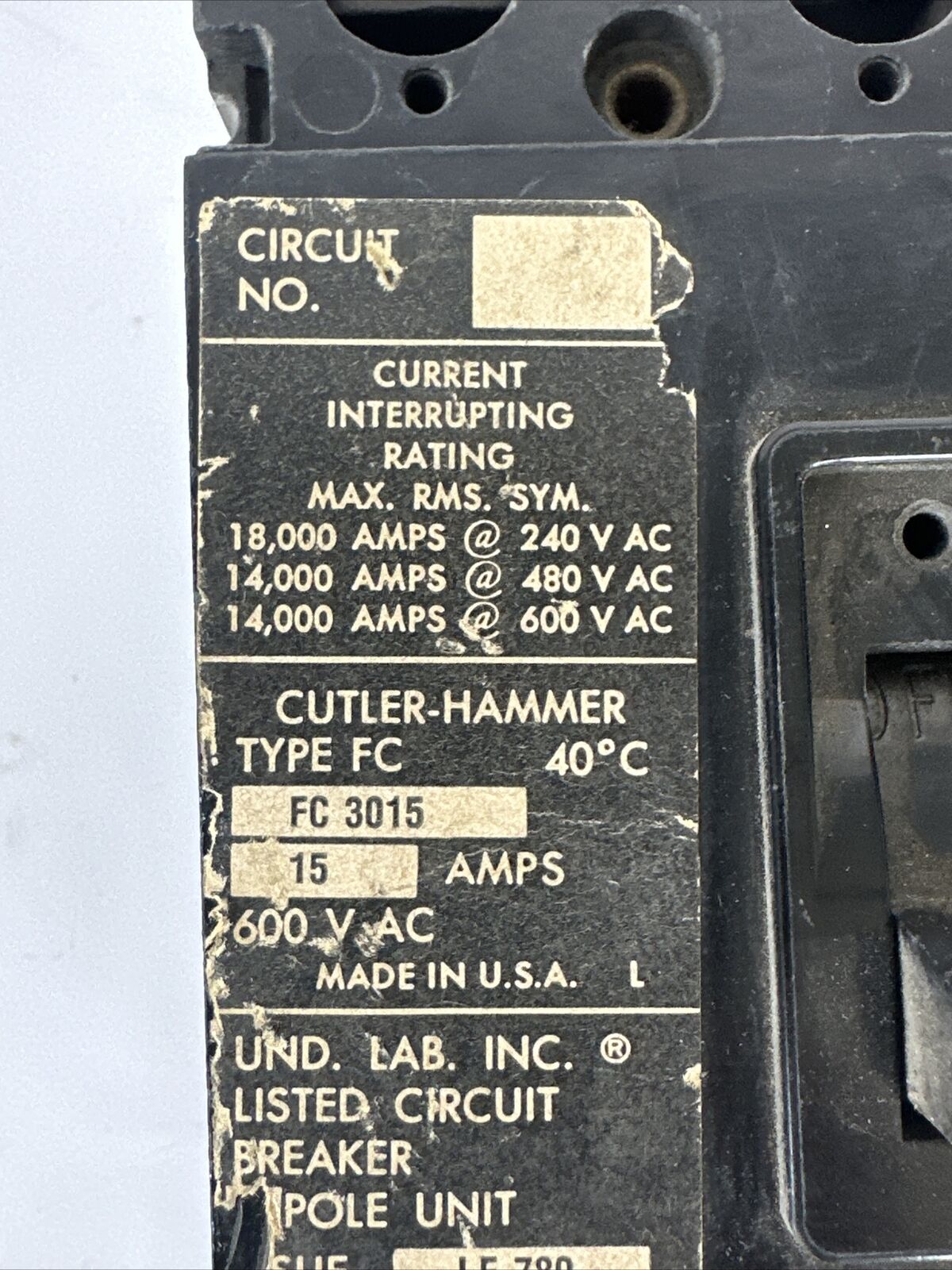 CUTLER HAMMER FC3015 CIRCUIT BREAKER 15AMP 600VAC 3POLE