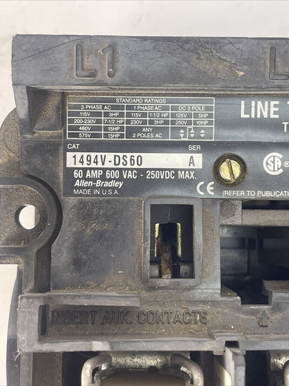 ALLEN BRADLEY 1494V-DS60 DISCONNECT SWITCH 60A 600VAC 250VDC 50HP LPJ-40SP FUSES