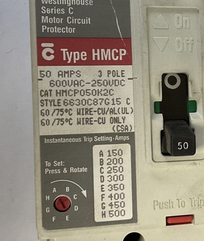 CUTLER HAMMER HMCP050K2C CIRCUIT BREAKER 50A 3POLE 600VAC-250VDC