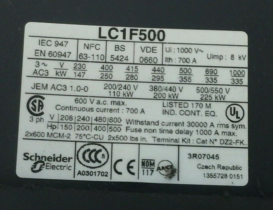 TELEMECANIQUE LC1 F500 CONTACTOR 600VAC 500HP 700A LX1FK110 110-120V LADN11 LA1