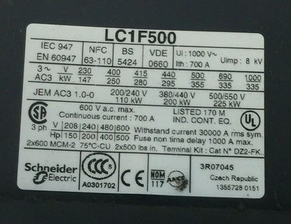 TELEMECANIQUE LC1 F500 CONTACTOR 600VAC 500HP 700A LX1FK110 110-120V LADN11 LA1