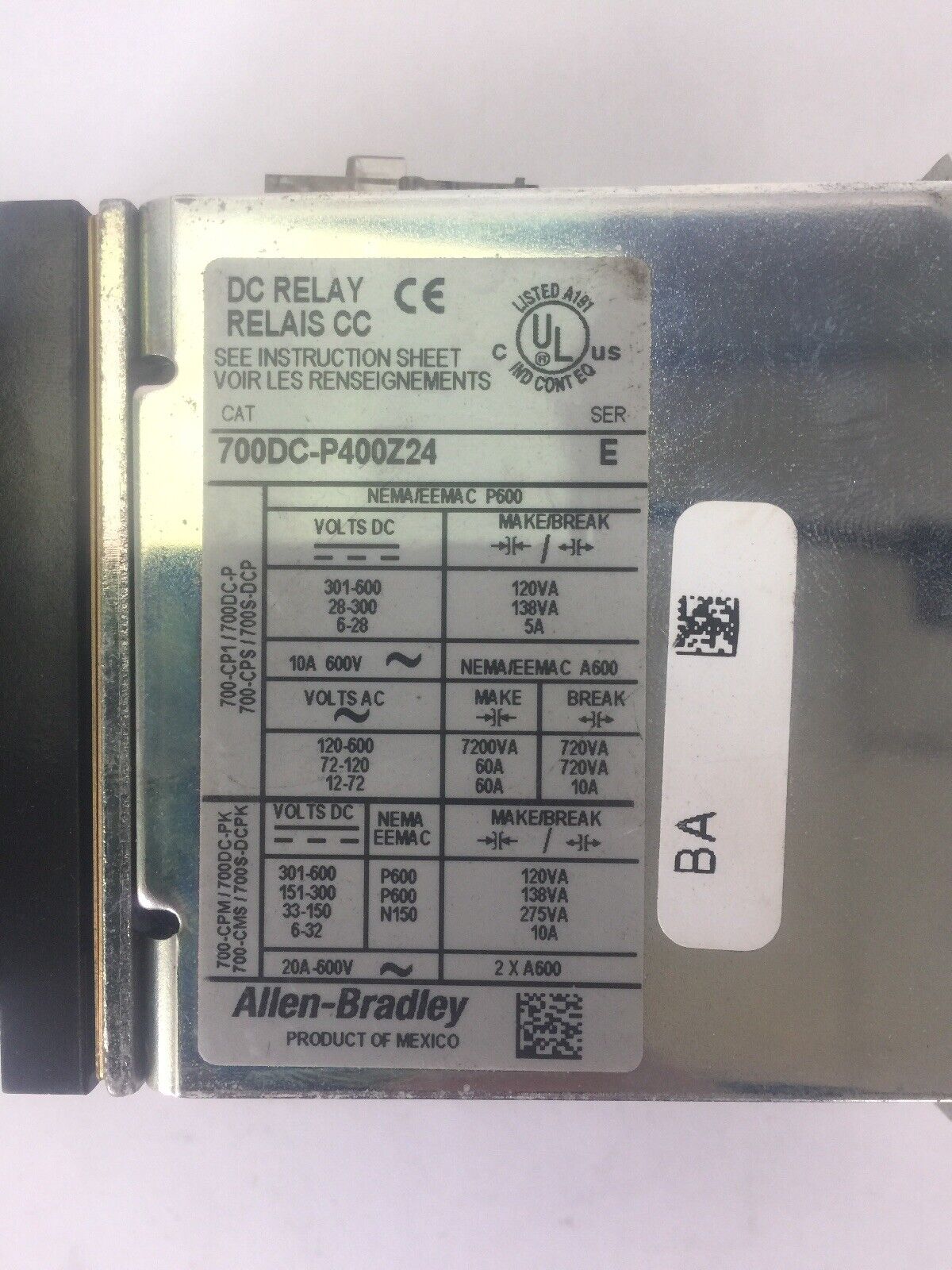 ALLEN BRADLEY 700DC-P400Z24 DC RELAY SER E 600V PD714 COIL 24VDC BULLETIN 700DC