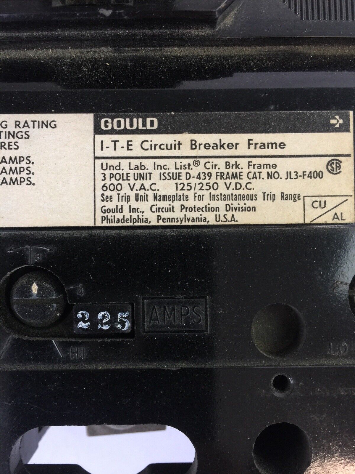 ITE JL3-F400 CIRCUIT BREAKER FRAME 600VAC 125/250VDC 225A TRIP UNIT JL3-B225