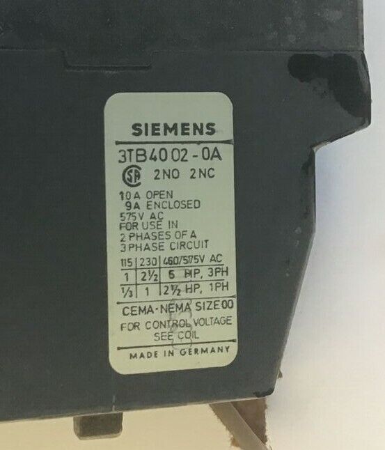 SIEMENS 3TB4002-OAG1 CONTACTOR 110V 50/60HZ