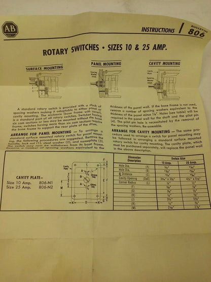 ALLEN BRADLEY BULLENTIN 806 H941825-1 SER. A, ROTARY PILOT SWITCH, 2 CIRCUITS
