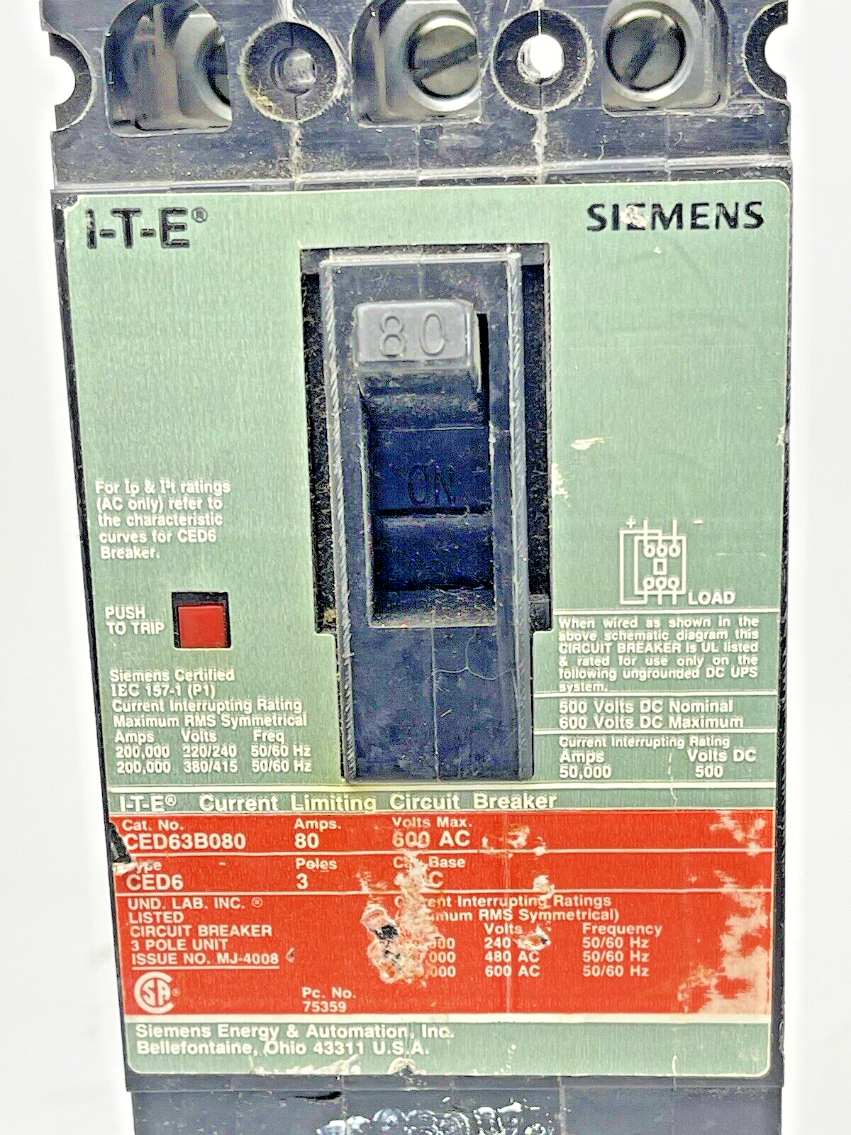 ITE - SIEMENS - CED63B080 - CIRCUIT BREAKER - 80 A, 600 VAC, 3 POLE, TYPE CED6