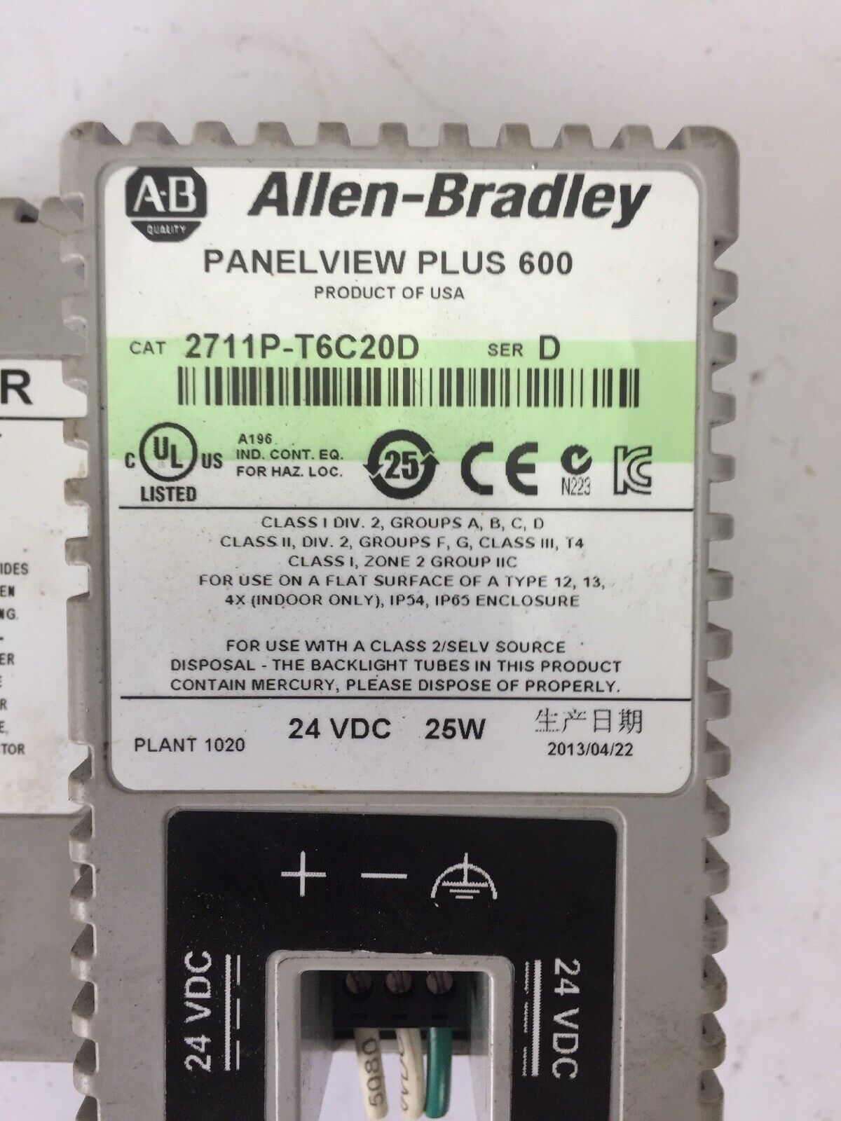 ALLEN BRADLEY 2711P-T6C20D PANELVIEW PLUS 600 24VDC 25W SER D